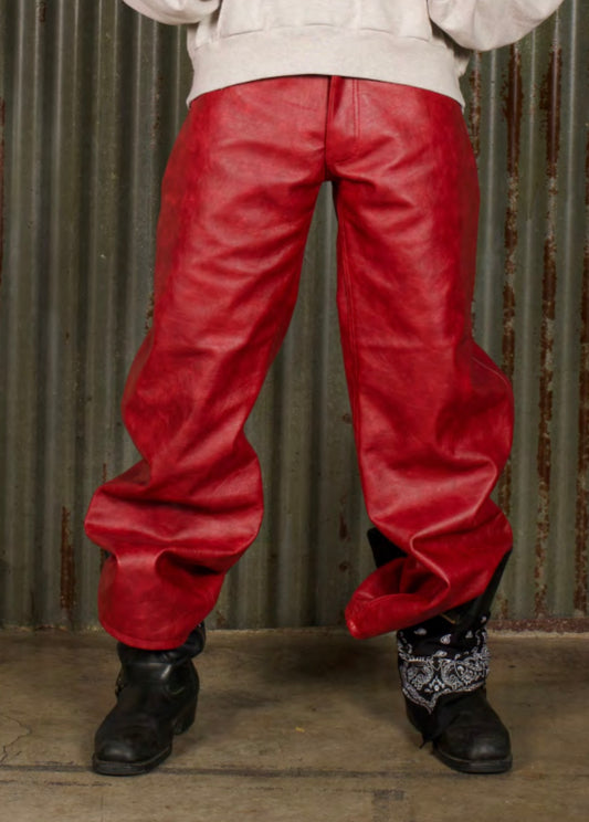 RED BURNOUT LEATHER PANT