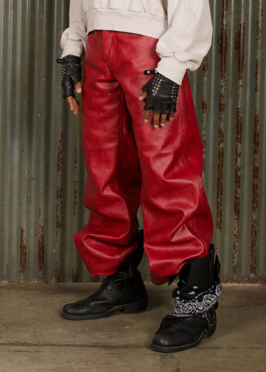 RED BURNOUT LEATHER PANT